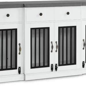 Wooden Dog Crate Furniture with 4 Drawers and 4 Lockable Doors, Pet Kennel TV Stand for Medium/Large Dogs 1872 (White and Grey)