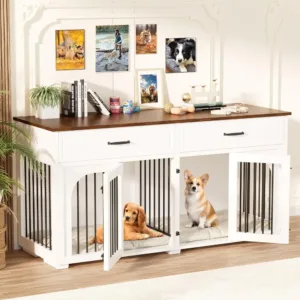 Masterpiece Dog Crate Furniture, 63''Wooden Dog Crate With 2 Drawers, Dog Kennel Indoor Furniture With Removable Divider, H