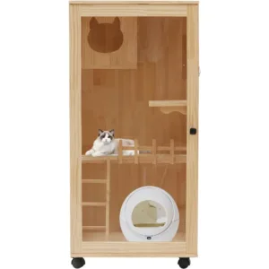 Wooden Cats House, Indoor Outdoor Cat Enclosure Multi-Feature Cat Condo with Cats Scratching Posts and Wheels